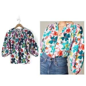 Tucker NYC Long Puff Sleeve Button Front Cotton Blouse Casa Floral Small Preppy